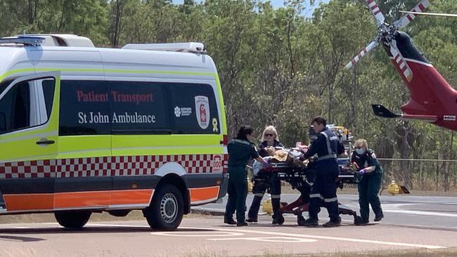 A helicopter carrying a US Marine injured in an Osprey crash at the Tiwi Islands near Darwin arrives at The Royal Darwin Hospital on Sunday. Picture: Tara Miko