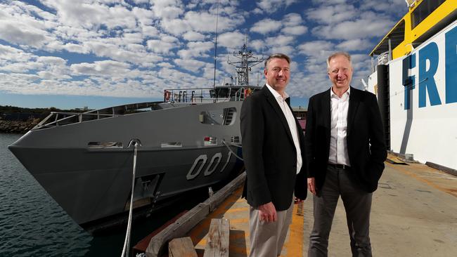 Austal chief executive Patrick Gregg with predecessor David Singleton in Perth on Wednesday. Picture: Colin Murty