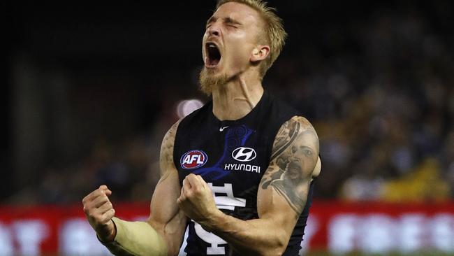 Carlton recorded a remarkable win over Geelong and Dennis Armfield was very happy about it. Picture: George Salpigtidis
