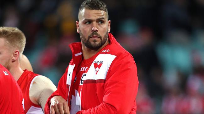 Lance Franklin with ice on his hamstring. Picture: Phil Hillyard