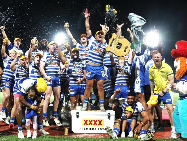 Cairns Brothers celebrate winning the FNQRL A grade premiership after beating the Ivanhoe Knights 18 points to 14 in the grand final match at Barlow Park. Picture: Brendan Radke