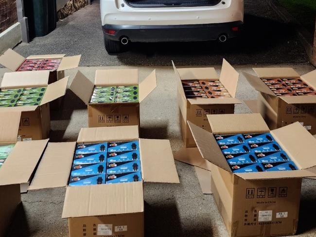 Police have seized more than 11,000 vapes and over $270,000 in cash, during two road stops in the NSW south, during Operation Furious. About 7.55pm yesterday (Tuesday 18 June 2024), officers attached to Riverina Highway Patrol were patrolling the Hume Highway, Gundagai, as part of Operation Furious, when they pulled over a Mazda, with Victorian number plates. Police searched the vehicle and allegedly seized nine boxes containing 3600 vapes. Picture: NSW Police