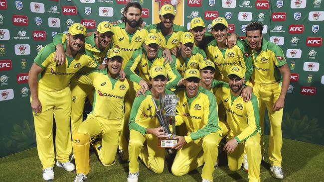 David Warner was given the honour of leading the team song. Picture: AP