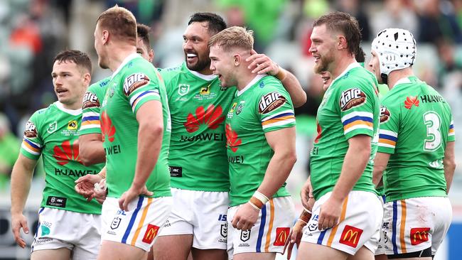 Hudson Young of the Raiders celebrates with his team mates after scoring a try (Photo by Cameron Spencer/Getty Images)