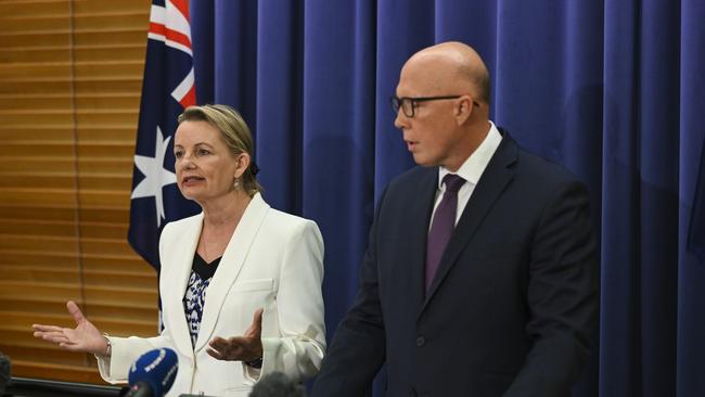 Leader of the Opposition Peter Dutton and Deputy leader Sussan Ley address the media in the opposition party room. Picture: NCA NewsWire / Martin Ollman