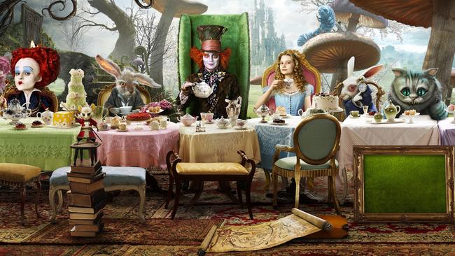 The tea party scene from the 2010 film <span id="U701309689888tMD" style="font-weight:normal;font-style:italic;">Alice in Wonderland</span>.