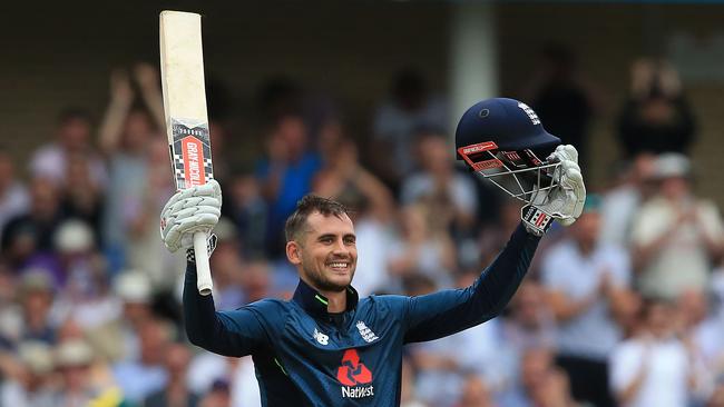 England's Alex Hales celebrates his century during the third One-Day International (ODI) cricket match between England and Australia at Trent Bridge cricket ground in Nottingham, central England on June 19, 2018. / AFP PHOTO / Lindsey PARNABY / RESTRICTED TO EDITORIAL USE. NO ASSOCIATION WITH DIRECT COMPETITOR OF SPONSOR, PARTNER, OR SUPPLIER OF THE ECB