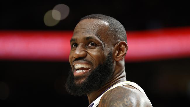 PORTLAND, OREGON - JANUARY 22: LeBron James #6 of the Los Angeles Lakers reacts during the fourth quarter against the Portland Trail Blazers at Moda Center on January 22, 2023 in Portland, Oregon. NOTE TO USER: User expressly acknowledges and agrees that, by downloading and/or using this photograph, User is consenting to the terms and conditions of the Getty Images License Agreement. (Photo by Steph Chambers/Getty Images)