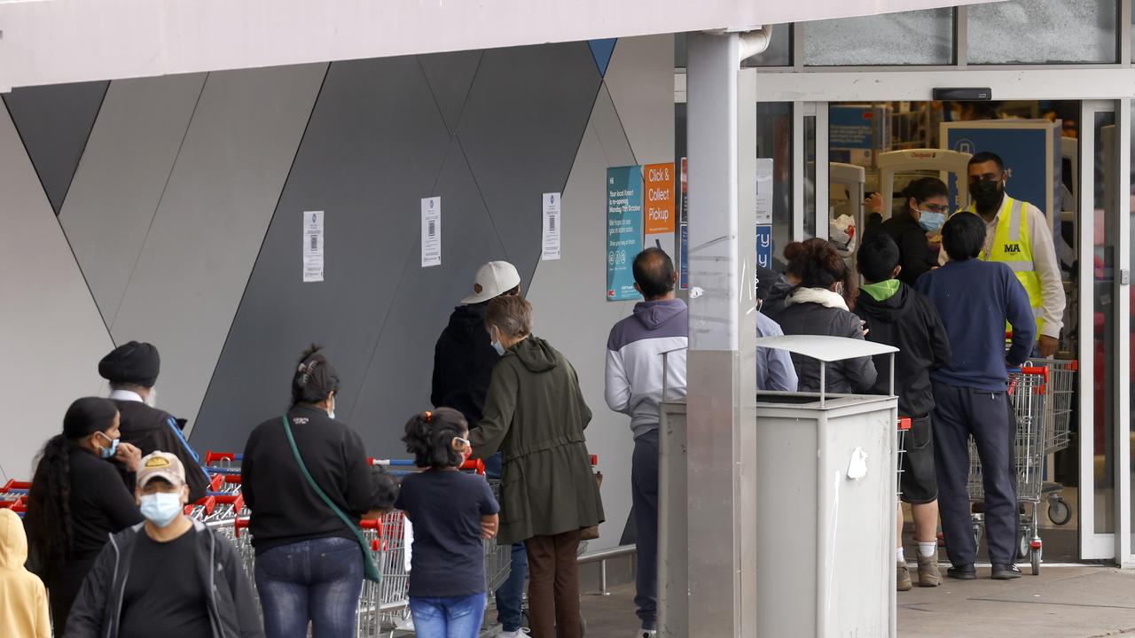 People lining up at Kmart in Blacktown on Monday. Picture: Jonathan Ng