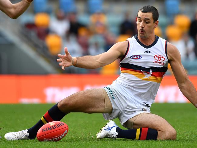 Taylor Walker of the Crows in action during the Round 4 AFL match between the Brisbane Lions and the Adelaide Crows at The Gabba in Brisbane, Sunday, June 28, 2020 (AAP Image/Darren England) NO ARCHIVING, EDITORIAL USE ONLY