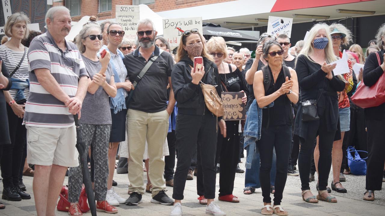 Protesters gathered at City Square on Monday for the March 4 Justice event in Coffs Harbour.