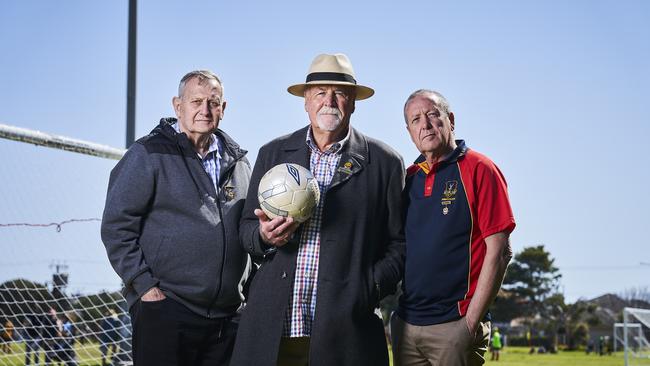 Sapsasa life members Peter Burgan, Neil Brook, David Adams at Barratt Reserve in West Beach. Picture: MATT LOXTON