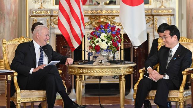 Joe Biden and Japanese Prime Minister Fumio Kishida at Akasaka State Guest House on Monday. Picture: Getty Images