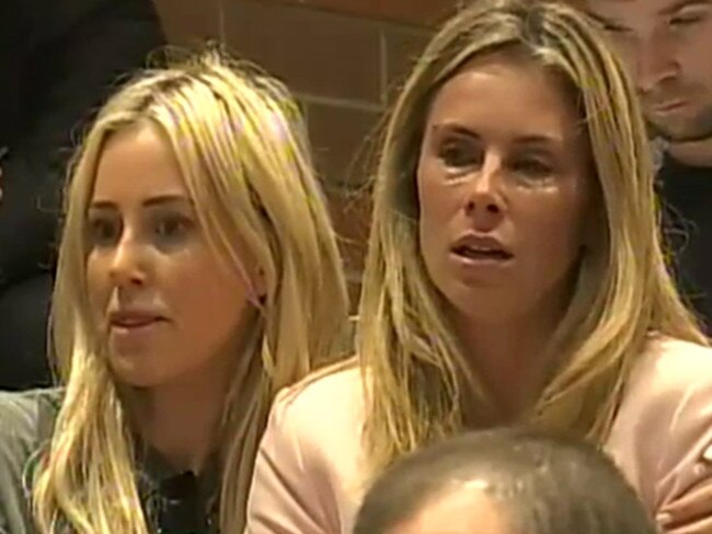 Candice Warner being comforted by Roxy Jacenko at David Warner's press conference following the ball tampering scandal.