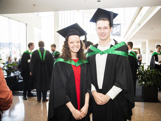 Alexandra Oliver and Gareth Davy. University of Tasmania Hobart Graduations 2019, Wednesday morning. Picture: RICHARD JUPE