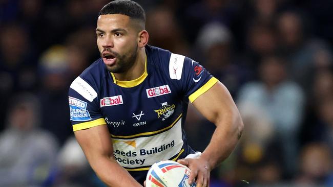 LEEDS, ENGLAND - FEBRUARY 24: Kruise Leeming of Leeds Rhinos runs with the ball during the Betfred Super League match between Leeds Rhinos and Hull FC at Headingley on February 24, 2023 in Leeds, England. (Photo by George Wood/Getty Images)