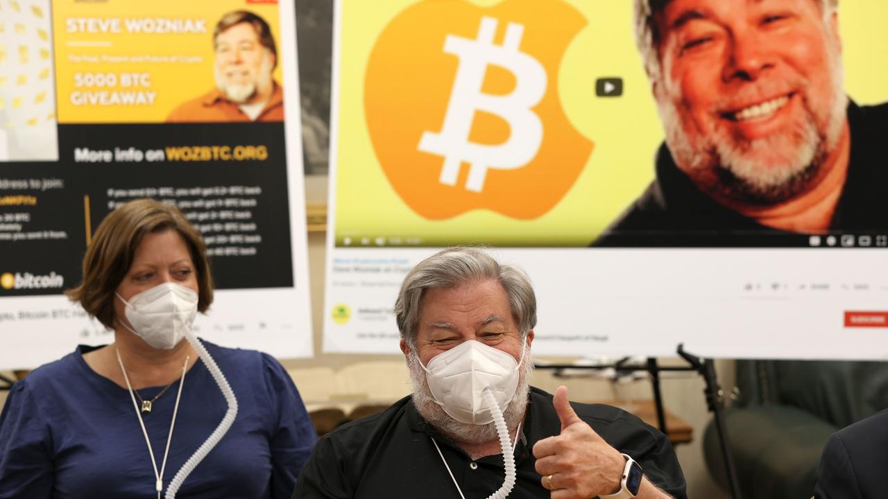 Apple co-founder Steve Wozniak gives the thumbs-up as he speaks during a press conference with his wife Janet Wozniak on Thursday. Picture: Justin Sullivan/Getty Images/AFP