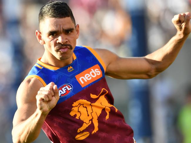 Charlie Cameron of the Lions celebrates kicking a goal during the Round 22 AFL match between the Brisbane Lions and the Geelong Cats at the Gabba in Brisbane, Saturday, August 17, 2019.  (AAP Image/Darren England) NO ARCHIVING, EDITORIAL USE ONLY