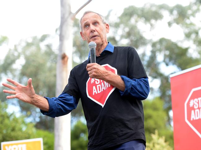 Former Greens leader Bob Brown joins hundreds of protestors at an anti-Adani rally in Sydney as part of a convoy protesting against the Queensland coalmine, Parramatta Park, Sydney, Saturday, April 20, 2019. (AAP Image/Jeremy Piper) NO ARCHIVING