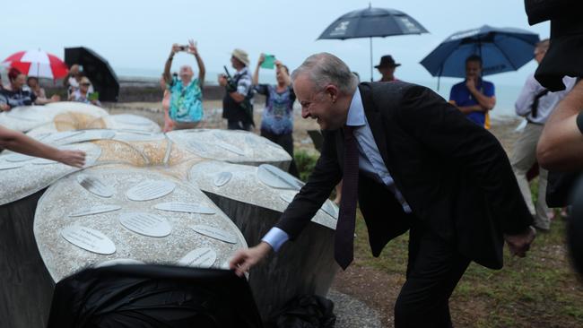 Prime Minister Anthony Albanese unveiling the new monument dedicated to those who lost their lives to Cyclone Tracy, East Point, December 24, 2024.