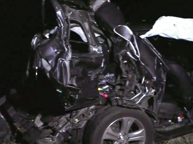 What’s left of one of the vehicles in the crash. Picture: 9News