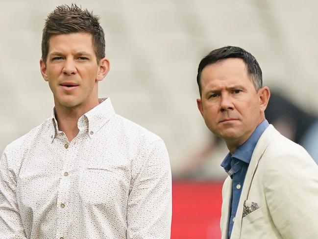 Tim Paine and Ricky Ponting look on during the Big Bash League (BBL) Challenger Final cricket match between the Melbourne Stars and the Sydney Thunder at the MCG in Melbourne, Thursday, February 6, 2020. (AAP Image/Scott Barbour) NO ARCHIVING, EDITORIAL USE ONLY, IMAGES TO BE USED FOR NEWS REPORTING PURPOSES ONLY, NO COMMERCIAL USE WHATSOEVER, NO USE IN BOOKS WITHOUT PRIOR WRITTEN CONSENT FROM AAP