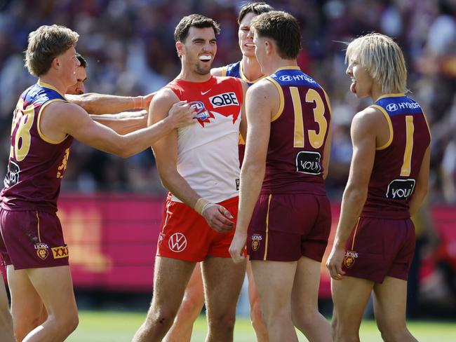 Tom McCartin tangles with Brisbane’s forwards during the Grand Final. Picture: Michael Klein