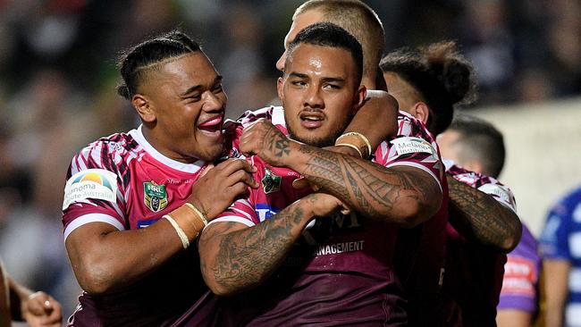 Addin Fonua-Blake celebrates a try with his Sea Eagles teammates. Picture: AAP