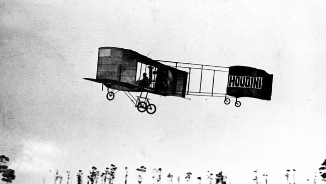 Escape artist Harry Houdini in his aeroplane above Digger's Rest, Victoria in 1910.