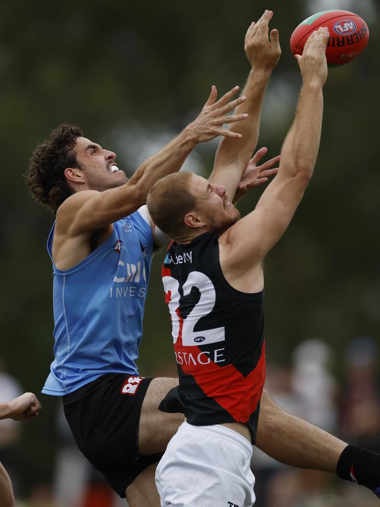 Max King and Ben McKay battle in the air at RSEA Park, with King taking the chocolates in their match-up. Picture: Michael Klein