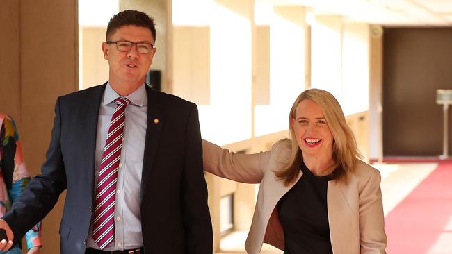 LNP MP Rob Molhoek and ALP MP Kate Jones, Budget lock up, Parliament House Annex, Brisbane. Photographer: Liam Kidston