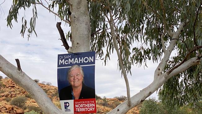 Federal Election TRASH: Corflute for SAM McMAHON tied to a public tree after the election