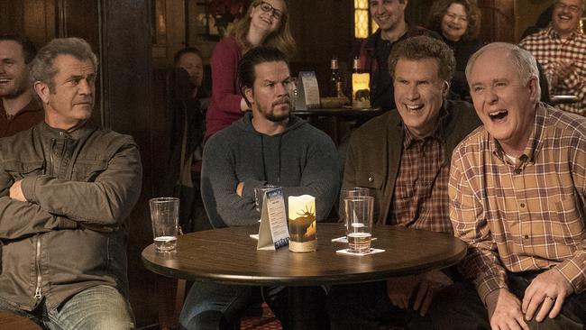 This image released by Paramount Pictures shows Mel Gibson, from left, Mark Wahlberg, Will Ferrell and John Lithgow in "Daddy's Home 2." (Claire Folger/Paramount Pictures via AP)