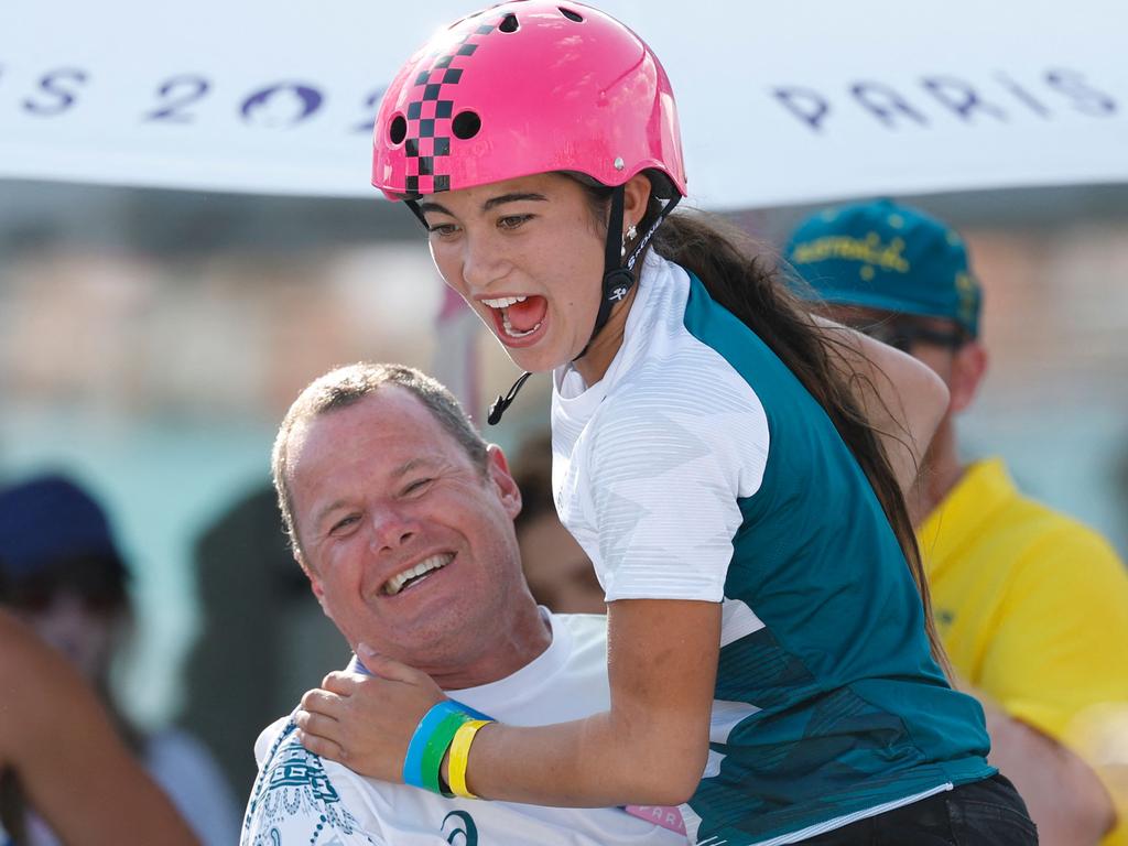 Australia's Arisa Trew celebrates winning the gold medal at the end of the women's park skateboarding final. Picture: AFP