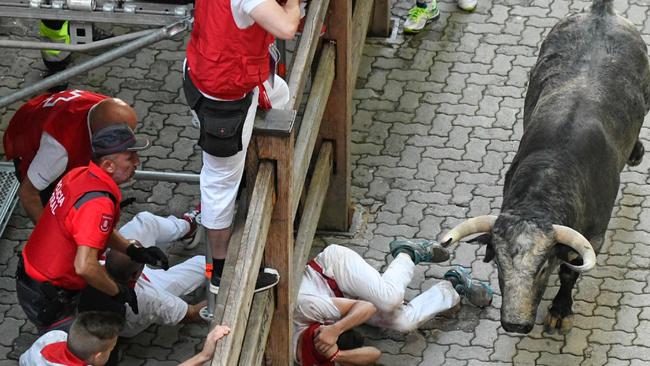 Cowering coward: A runner tries to protect himself after falling during the bull run. Picture: AFP/Jose Jordan