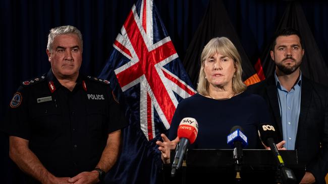 Police Commissioner Michael Murphy, Chief Minister Eva Lawler and Police Minister Brent Potter at the press conference in the Northern Territory Parliament on April 9, 2024. Picture: Pema Tamang Pakhrin