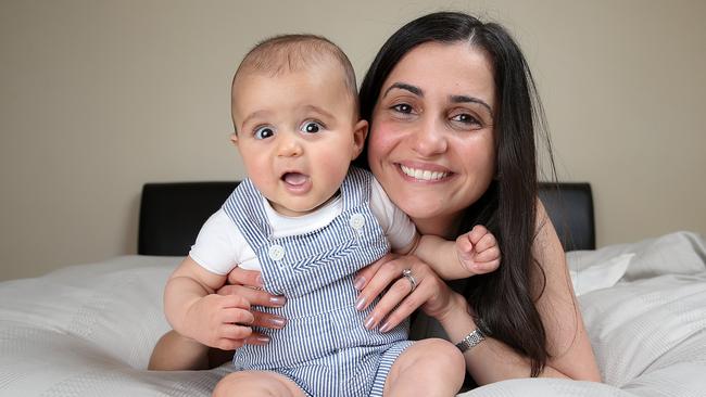 Anna Cardamis at home with baby Alexander. Picture: Ian Currie