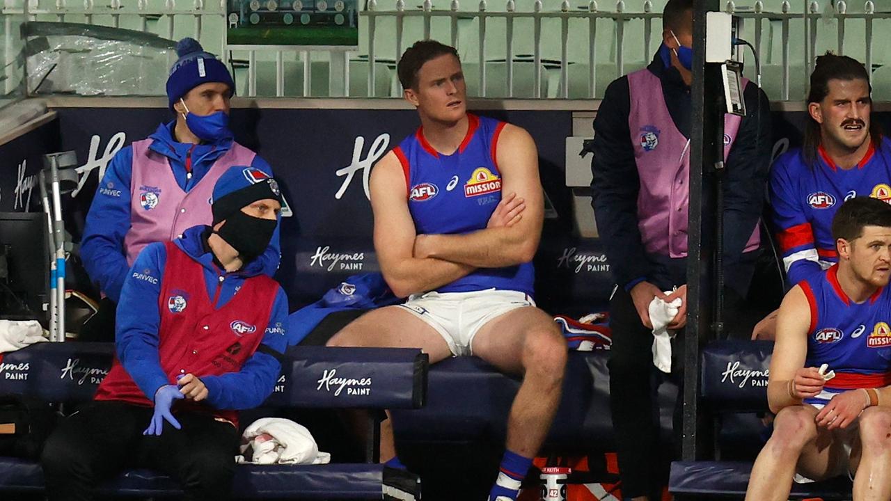 Alex Keath of the Bulldogs looks on from the bench. Picture: Getty Images