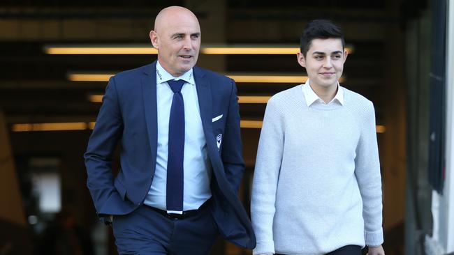 Kevin Muscat and his son James at AAMI Park yesterday. Picture: Michael Klein