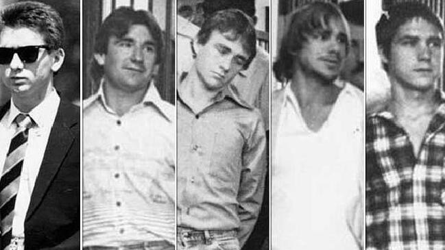 Five men who murdered Anita Cobby in 1986. From left: John Travers, Michael Murphy, Leslie Murphy, Gary Murphy and Michael Murdoch.