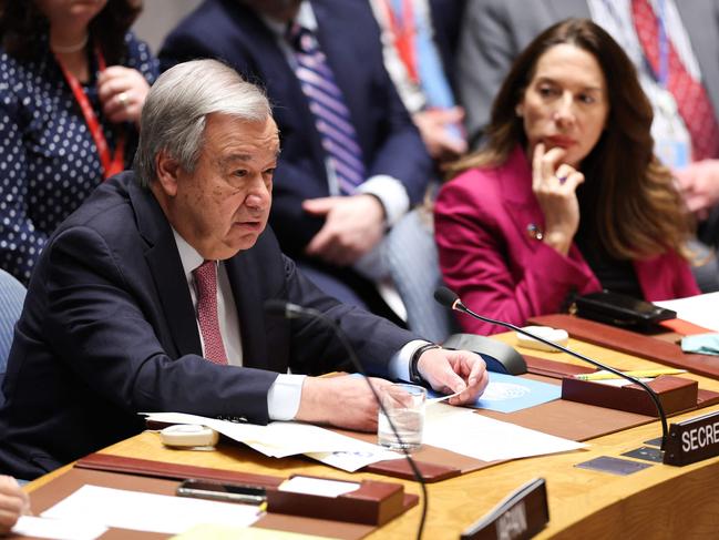 Secretary-General of the United Nations Antonio Guterres (L) delivers opening remarks during a UN Security Council meeting on the situation in the Middle East. Picture: AFP