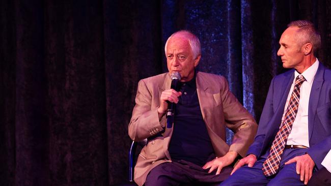 Melbourne Cup-winning jockeys Peter Cook (left) and Tony Allan (middle) on stage at the Gold Coast Turf Club's 2019 awards. Picture: Supplied.