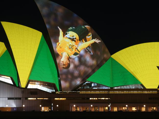 SYDNEY, AUSTRALIA - JUNE 25: Lights displaying Sam Kerr are projected on the Sydney Opera House on June 25, 2020 in Sydney, Australia. Australia along with New Zealand are predicted to be announced as the hosts of the 2023 FIFA Women's World Cup, announced early on Friday Sydney local time. (Photo by Jason McCawley/Getty Images)