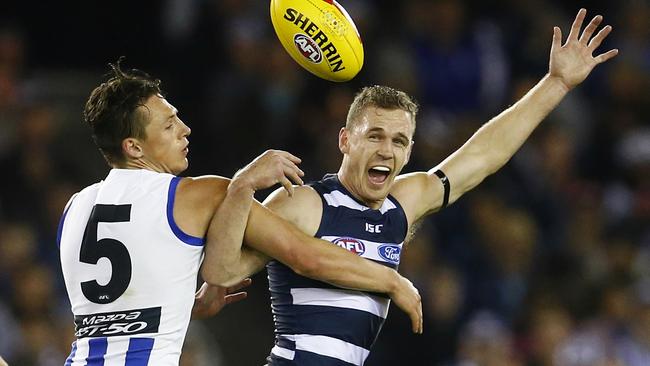 Joel Selwood faces North Melbourne in a top-four battle this weekend. Picture: Michael Klein