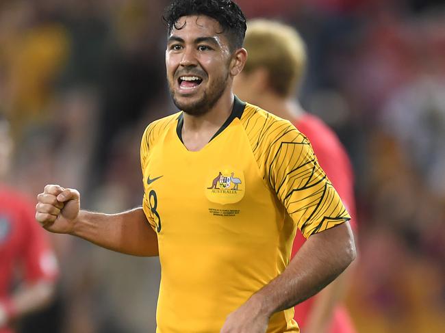 BRISBANE, AUSTRALIA - NOVEMBER 17: Massimo Luongo of Australia celebrates scoring his teams first goal during the International Friendly match between the Australian Socceroos and Korea Republic at Suncorp Stadium on November 17, 2018 in Brisbane, Australia. (Photo by Albert Perez/Getty Images)