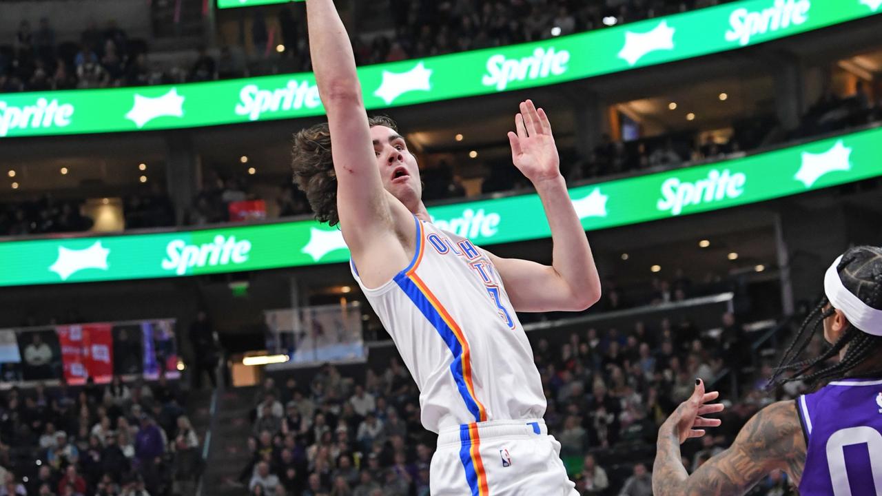 SALT LAKE CITY, UT - JANUARY 18: Josh Giddey #3 of the Oklahoma City Thunder shoots the ball during the game against the Utah Jazz on January 18, 2024 at vivint.SmartHome Arena in Salt Lake City, Utah. NOTE TO USER: User expressly acknowledges and agrees that, by downloading and or using this Photograph, User is consenting to the terms and conditions of the Getty Images License Agreement. Mandatory Copyright Notice: Copyright 2024 NBAE (Photo by Noah Graham/NBAE via Getty Images)