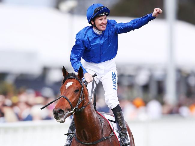 MELBOURNE, AUSTRALIA - OCTOBER 20:  Pat Cosgrave riding Best Solution celebrates winning Race 8, Stella Artois Caulfield Cup during Caulfield Cup Day at Caulfield Racecourse on October 20, 2018 in Melbourne, Australia.  (Photo by Michael Dodge/Getty Images)