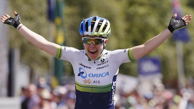 Australian Road Cycling Championships in Buninyong. Amanda Spratt celebrates as she crosses the line in Buninyong. . Pic: Michael Klein. Sunday, January 10, 2016.