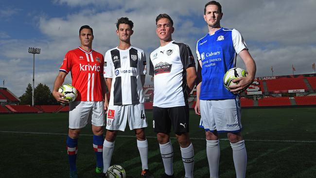 Raiders’ Adam Van Dommele, Adelaide City’s Jackson Stephens, Para Hills’ Isaac Mullen and Modbury Jets’ Michael Doyle. Picture: Tom Huntley