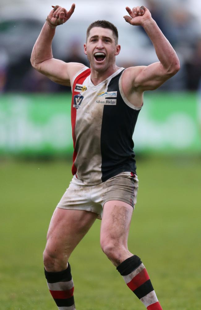 Timothy McIntyre celebrates a goal for Koroit against Port Fairy in the 2017 Grand Final. Picture: Yuri Kouzmin